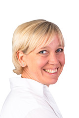 Fototapeta premium headshot of attractive blonde candid european mature woman with wite shirt - isolated on white background