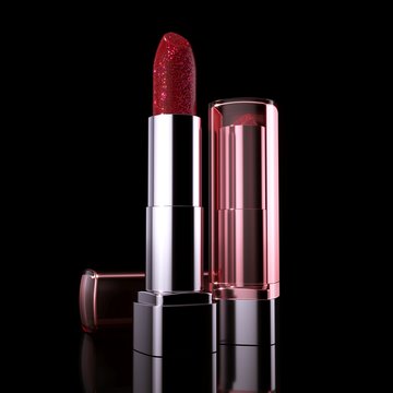 Red flickering glitter lipsticks on mirror surface. Black background. 3D rendering