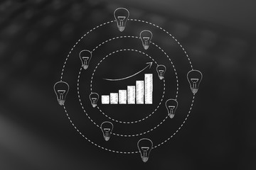 business growth graph bars surrounded by spinning ideas, R&D