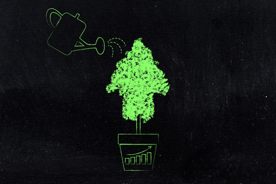 watering can and tree in shape of an arrow, feeding business growth