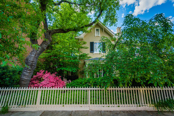 House with fence and gardens, in Bolton Hill, Baltimore, Maryland.