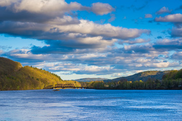 Mountains and railroad bridge over the Connecticut River, in Brattleboro, Vermont.
