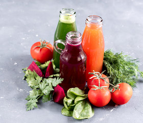 Various Freshly Squeezed Vegetable Juices Detox juice Tomatoes juice Beetroot juice Spinach and parsley juice