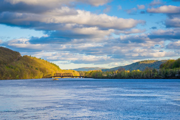 Mountains and railroad bridge over the Connecticut River, in Brattleboro, Vermont.