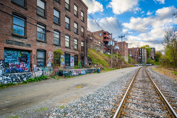 Railroad tracks and old buildings in Brattleboro, Vermont.