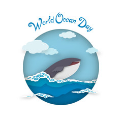 Postcard World Oceans Day style paper art. Whale on waves with sea foam and clouds in circle. Vector illustration