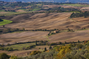 Pienza - Tuscany/Italy, October 30, 2016: Scenic Tuscany landscape with rolling hills and valleys in autumn, near Pienza - Val D'Orcia, Italy 