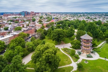 Fototapeta premium View of the pagoda at Patterson Park, in Baltimore, Maryland.