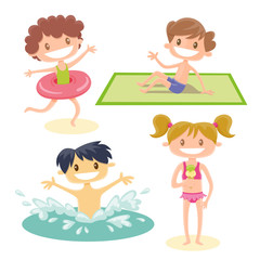Set of kids playing at the beach. A brown hair girl wearing a swimming float, a brown hair boy sitting on his towel, a chinese boy playing in the water and a blonde girl eating an ice-cream.