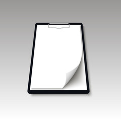 Realistic clipboard folder with blank white sheet of paper with curled corner mock up. Vector
