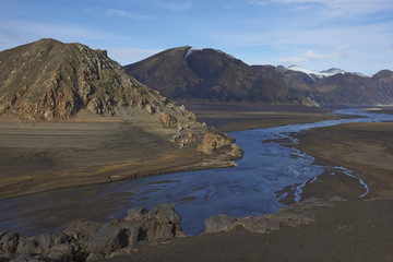 Mountain river flowing into Laguna de Laja in Laguna de Laja National Park in Bio Bio region of Chile.