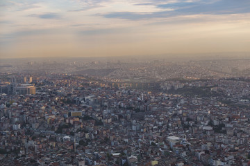 Naklejka na ściany i meble Istanbul view from air shows us amazing sunset scene