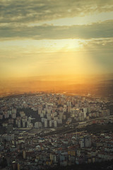 Naklejka na ściany i meble Istanbul view from air shows us amazing sunset scene