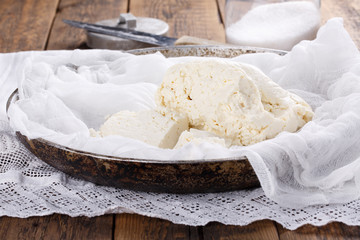 Homemade white brined feta cheese.