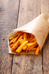 Baked butternut squash fries with sea salt. Pumpkin chips.