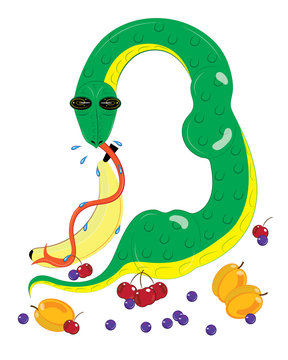 The green snake eating different fruit