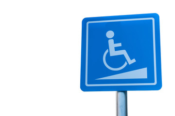 Blue handicapped parking symbol in car park on white isolated background. Clipping path