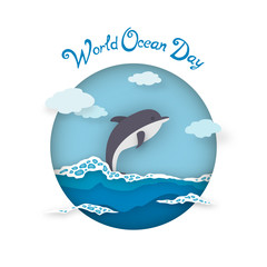 Postcard World Oceans Day style paper art. Dolphin on waves with sea foam and clouds in circle. Vector illustration