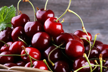 Cherry basket / Sweet cherry background/ cherry with leaf