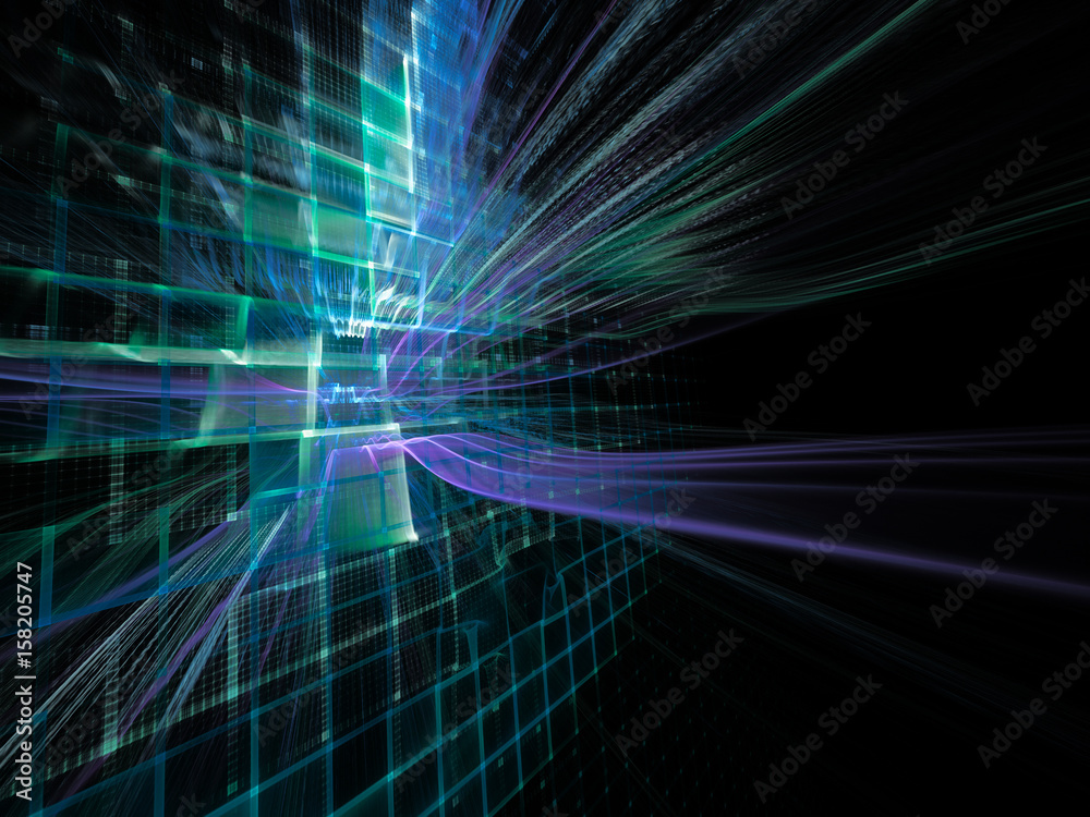 Poster abstract background element. three-dimensional composition of wave shapes, grids and beams. electron