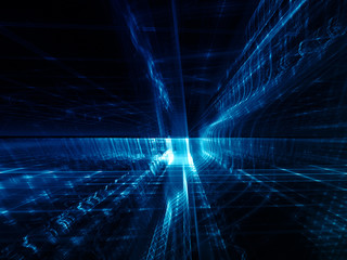 Abstract background element. Three-dimensional composition of glowing grids and wave shapes. Science and technology concept. Blue and black colors.