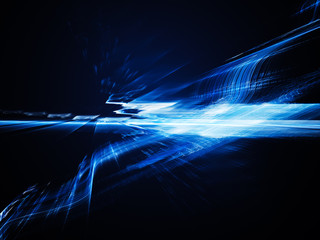 Abstract background element. Fractal graphics. Three-dimensional dynamic composition of glowing artifacts. Blue on black colors.