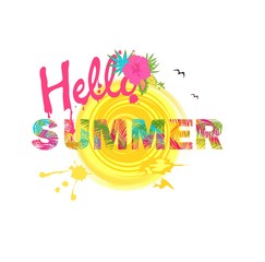 Fototapeta premium Hello summer lettering with colorful palm leaves and hibiscus on white background. T-shirt fashionable print