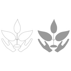 Plant and hand  the grey color icon .