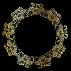 drawing of a round gold gradient frame  with floral ornament on a black background 