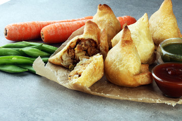 Indian special traditional street food punjabi samosa or Coxinha, Croquete and other Fried Brazilian Snacks