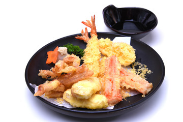 Mixed Tempura deep fried prawn squid sea bass , isolated on white background with clipping path