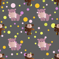 seamless pattern with cartoon cute toy baby behemoth, monkey and Circles on a dark gray  background