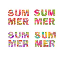T-shirt prints collection with colorful floral summer lettering with tropical flowers, palm leaves, flamingo, paisley and fruits