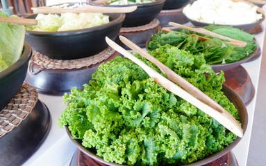 Fresh green lettuce in a wide pan Fresh green lettuce leaves in a wide pan along with other fresh green vegetables in a salad bar