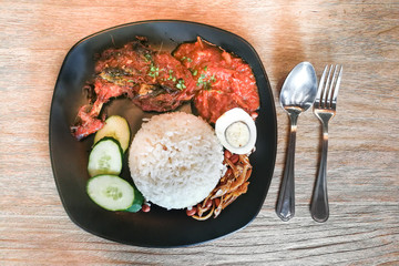 Nasi lemak with fried chicken, popular cuisine in Malaysia