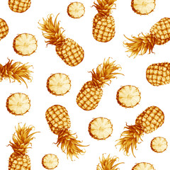 The seamless yellow monochrome pattern of fresh fruit pineapple. Hand drawn watercolor painting on white background.