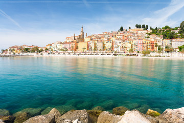 colorful houses in Menton on french riviera - obrazy, fototapety, plakaty