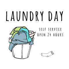 Laundry basket and colored pile of clothes. Hand drawn vector illustration.