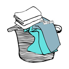 Laundry basket, colored bed linen and clothespins. Hand drawn vector illustration.