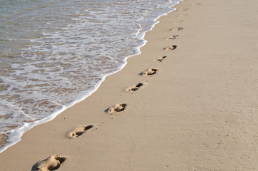 Line of footprints on the beach in the sand by the sea.