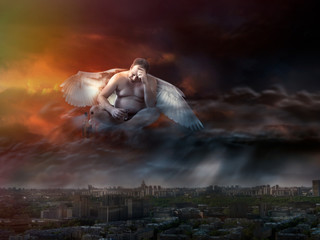Fat drunk man with angel wings in the sky. Sunset, view from the heights of the city.