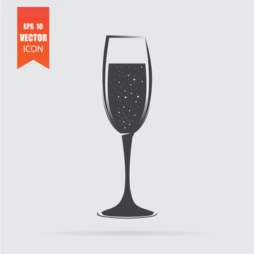 Champagne glass icon in flat style isolated on grey background.