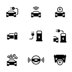 Set of simple icons on a theme Driverless autonomous car. Electric powered car, vector, set. White background