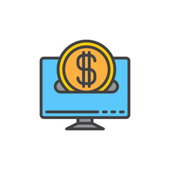 Desktop computer and coin filled outline icon, vector sign, colorful illustration