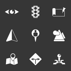 Maps, location and navigation icons. Black background