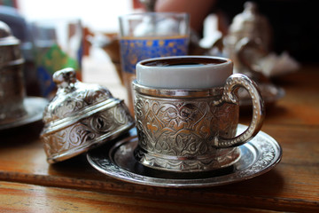 Traditional turkish coffee, authentic copper coffee cup