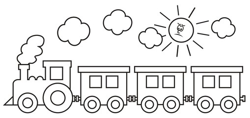 Steam locomotive with wagons. In background the smoke and the sun. Coloring book for kids. © janista