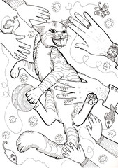 Hand drawn illustration lying cat playing with toys and enjoying care  black and white for coloring book 