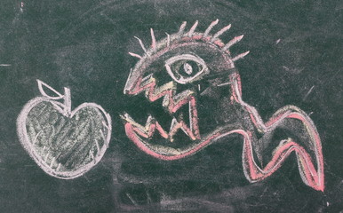 Worm and apple chalkboard, blackboard, texture and background