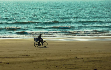 Fototapeta premium GOA, INDIA, MARCH 5, 2011: Bicyclist going on sand on a background the Indian ocean, Goa, India